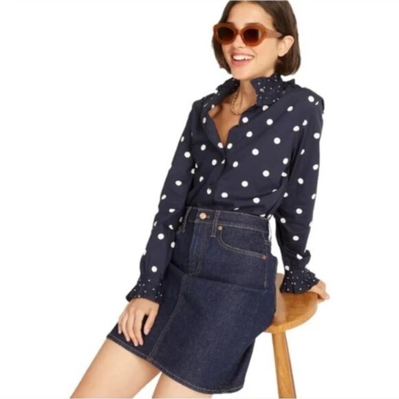 J. Crew Navy Polka Dot Ruffle Blouse - Picture 1 of 10